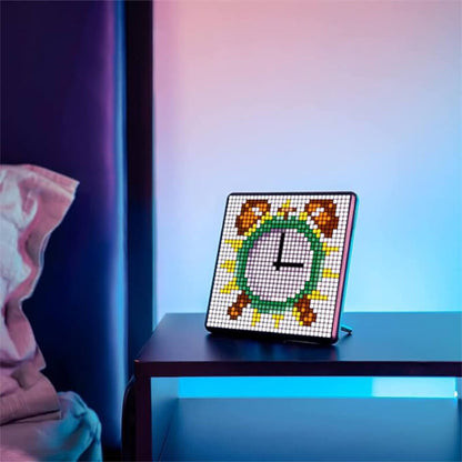 Car pixel LED display showing programmable clock design on a nightstand.