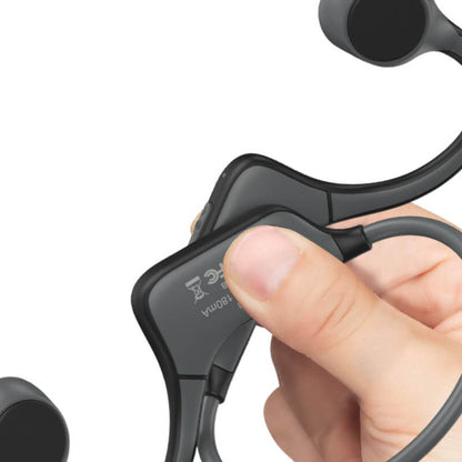 Close-up of wireless bone conduction headphones being held, showcasing open ear design and controls.