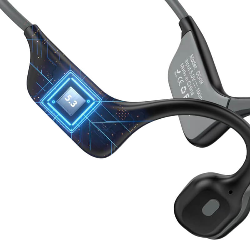 Close-up of wireless bone conduction headphones showcasing tech details and design features.