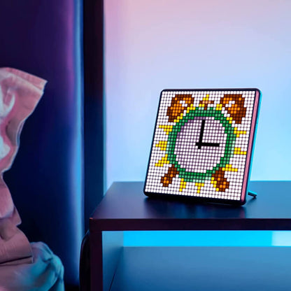 Car pixel LED display showcasing a colorful clock design on the PixBlock smart LED panel.