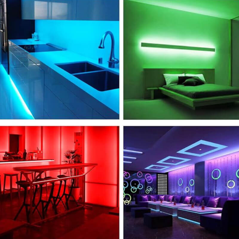 Smart wifi neon strip illuminating various indoor settings in vibrant colors.