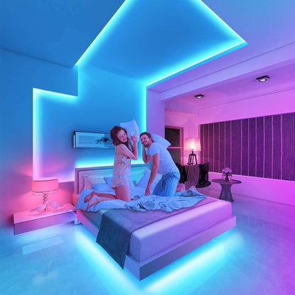 Couple enjoying colorful ambiance with smart wifi neon strip in modern bedroom design.