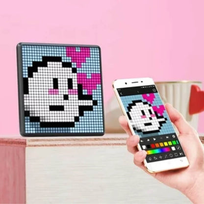 Car pixel LED display showing pixel art of a face with hearts, customizable via smartphone.