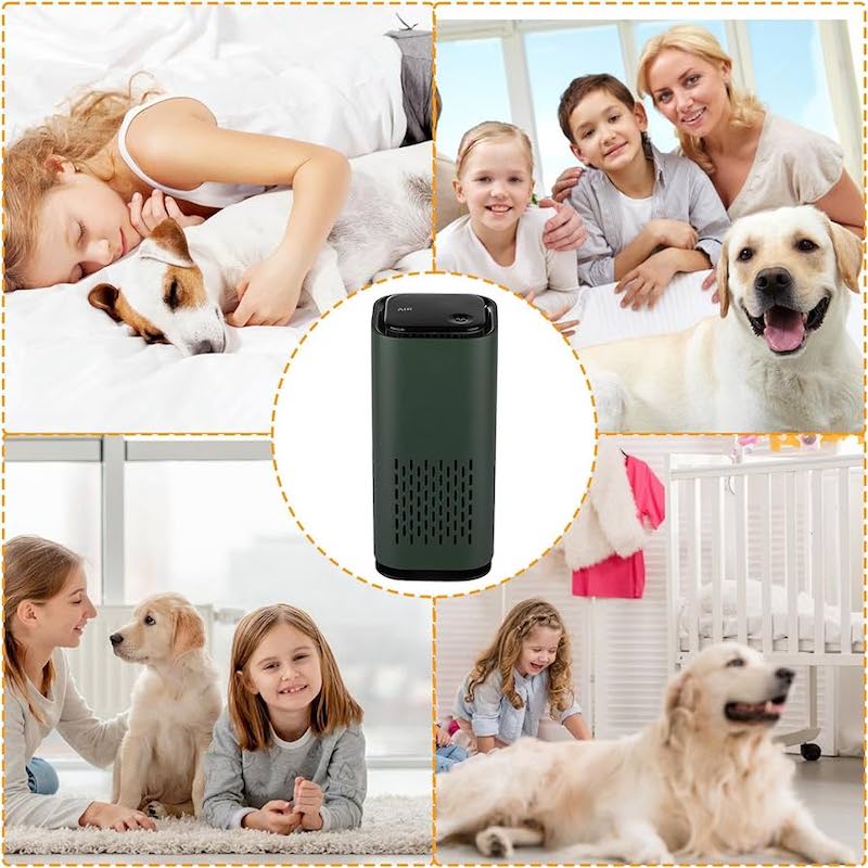 Collage of happy families and pets with AirPure™ Mini Portable Pet Air Purifier in the center, promoting cleaner air.