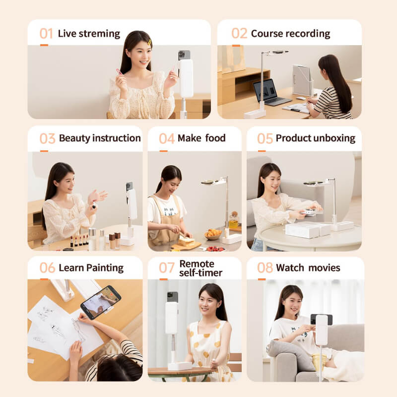 mobile phone stand with light desk filming setup