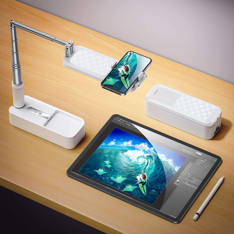 mobile phone stand with light desk filming setup