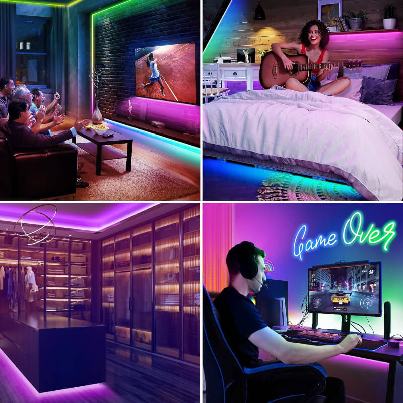 Smart wifi neon strip lighting in various settings, enhancing ambiance for gaming, relaxing, and music.