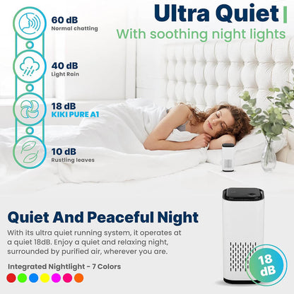 AirPure™ Mini Portable Pet Air Purifier features ultra-quiet operation at 18 dB for peaceful nights.