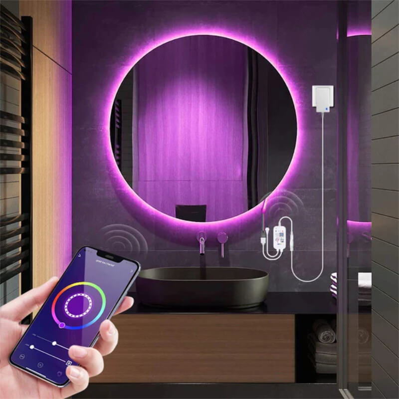 Smart wifi neon strip illuminating a bathroom mirror controlled by a smartphone app.