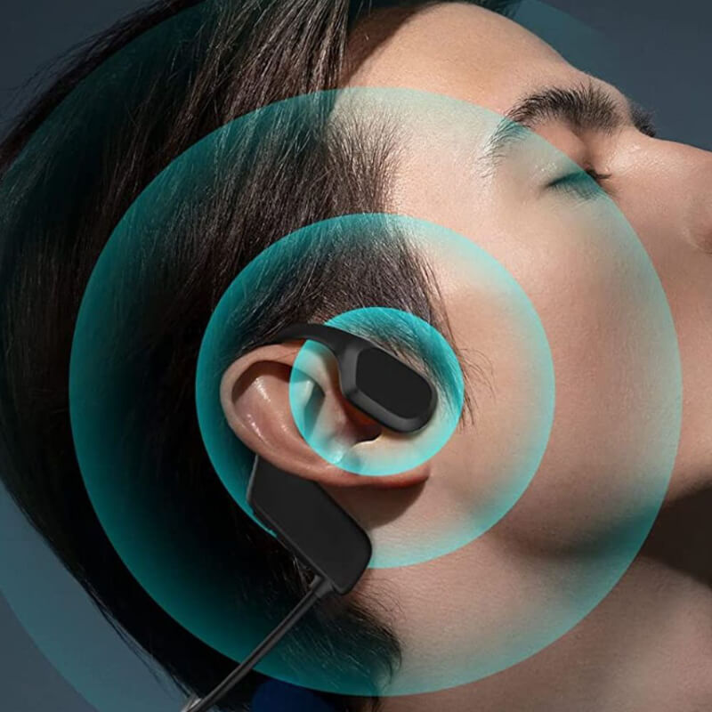 Wireless bone conduction headphones showcasing open ear technology with sound vibrations around a person.