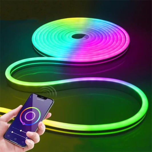 Smart wifi neon strip displaying vibrant colors, controlled by a smartphone app for personalized lighting.