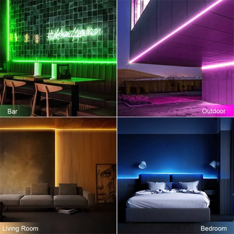 Smart WiFi neon strip lighting showcased in bar, outdoor, living room, and bedroom settings.